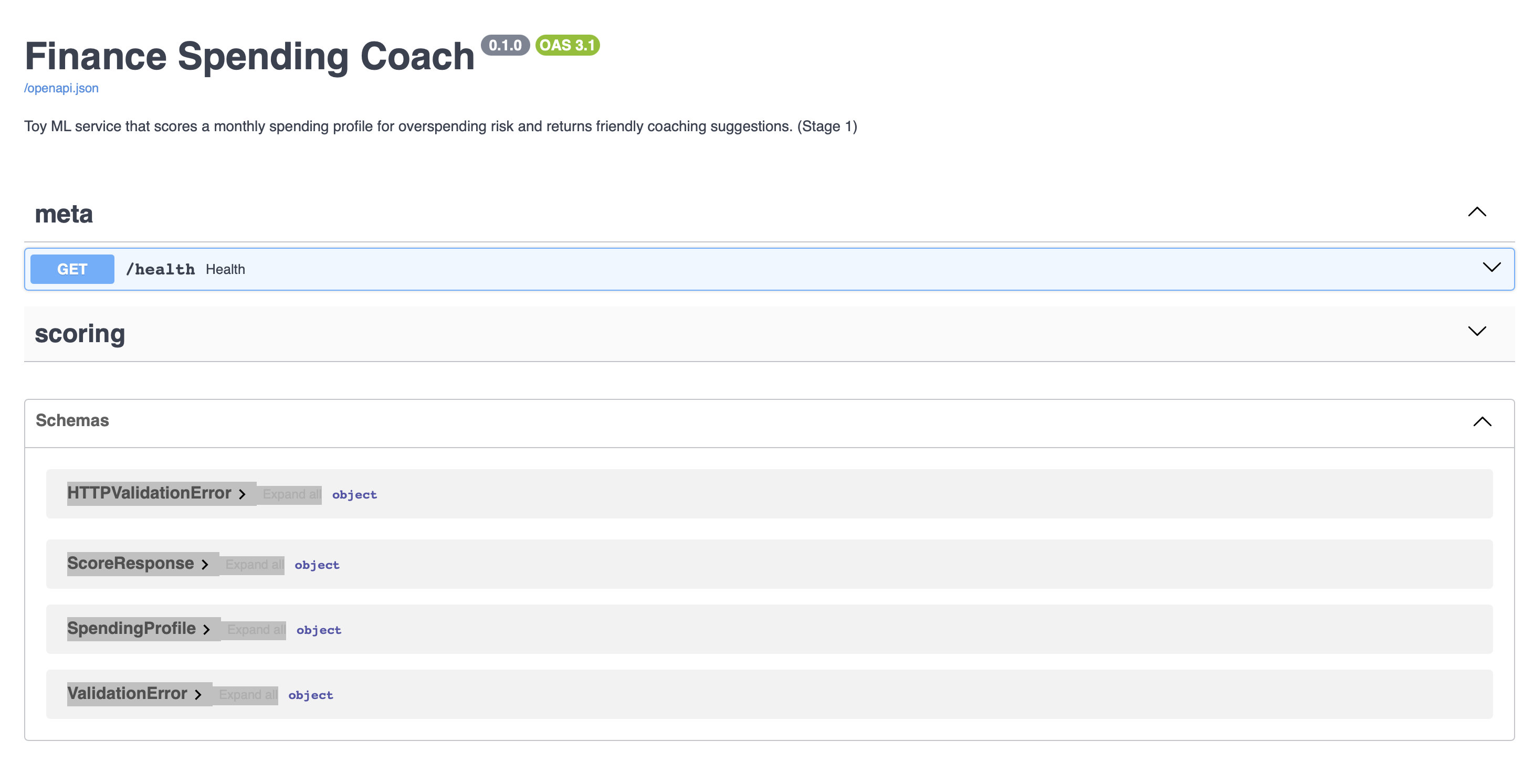 Finance Spending Coach — Stage 1 Swagger docs