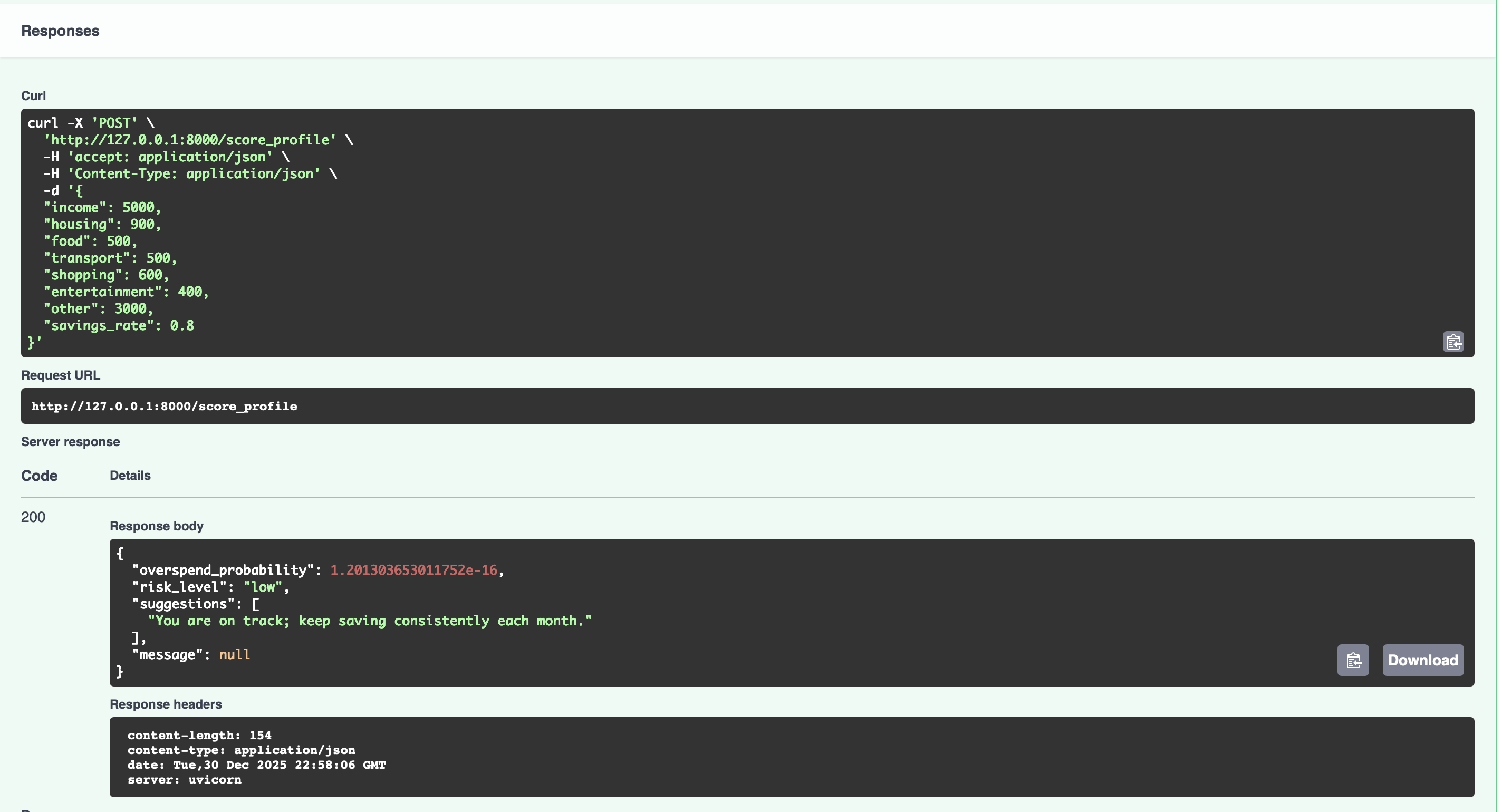 Finance Spending Coach — Stage 1 score_profile request/response