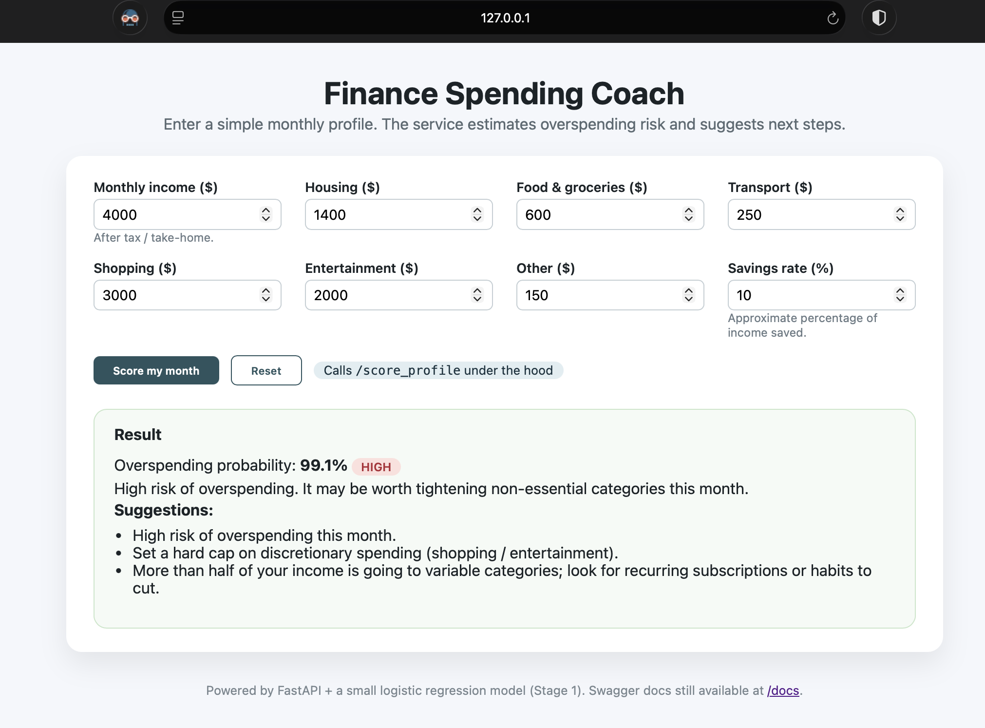 Finance Spending Coach — Stage 1 basic UI hitting the API