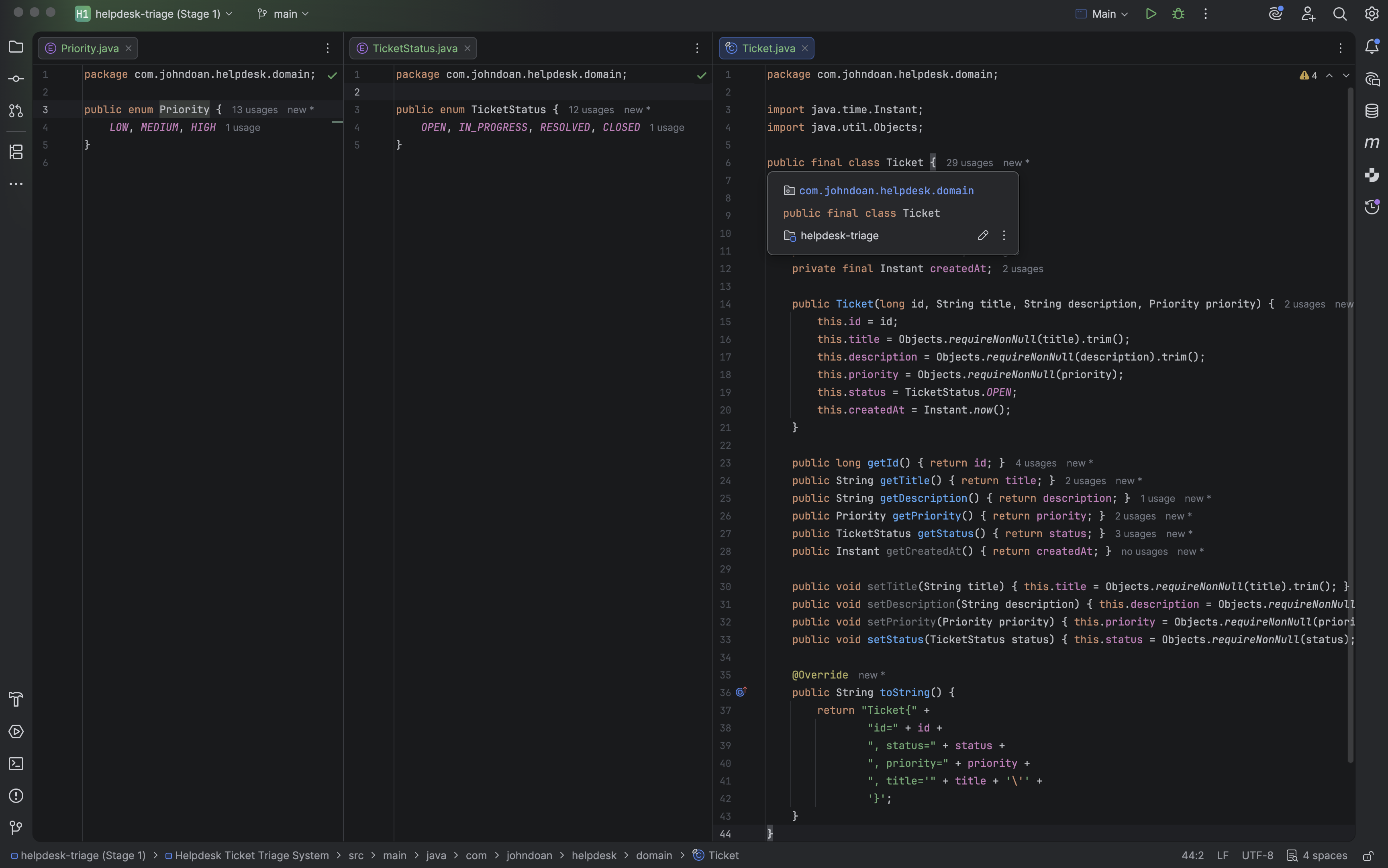 Stage 1 — domain model (Ticket and enums)