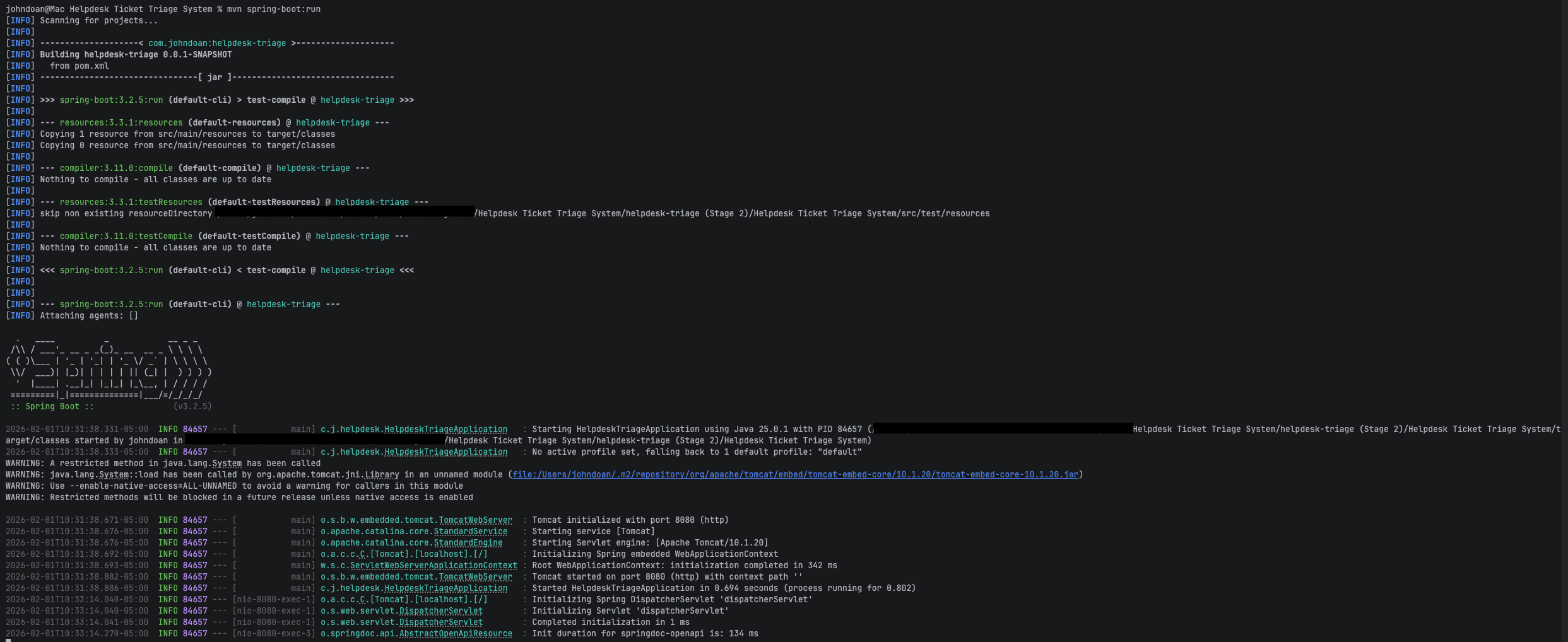 Stage 2 — Spring Boot running (mvn spring-boot:run) with server started on port 8080