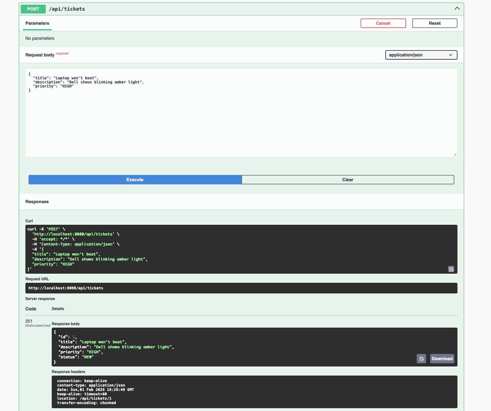 Stage 2 — POST /api/tickets creates a ticket with JSON response body