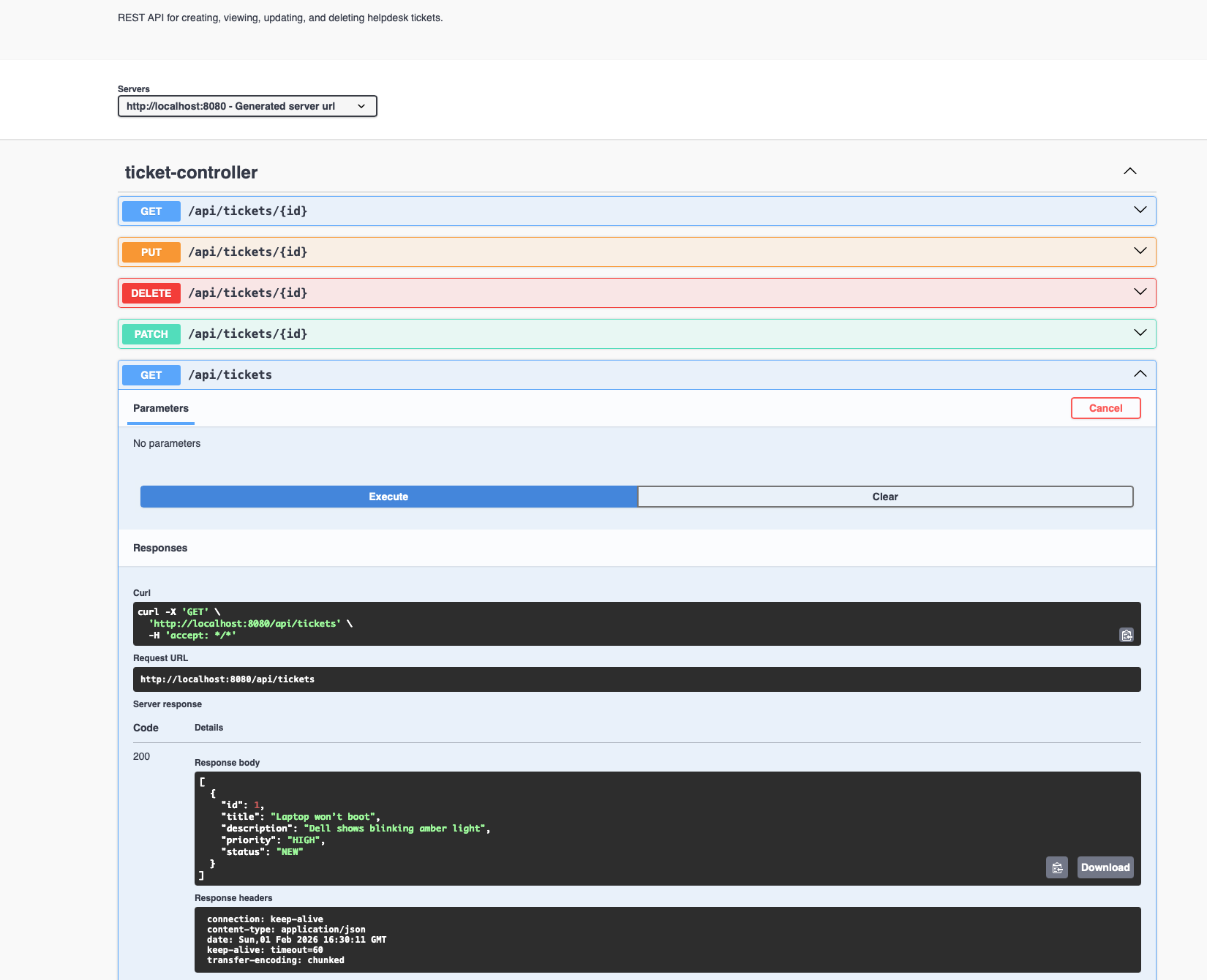 Stage 2 — GET /api/tickets returns the list including the newly created ticket