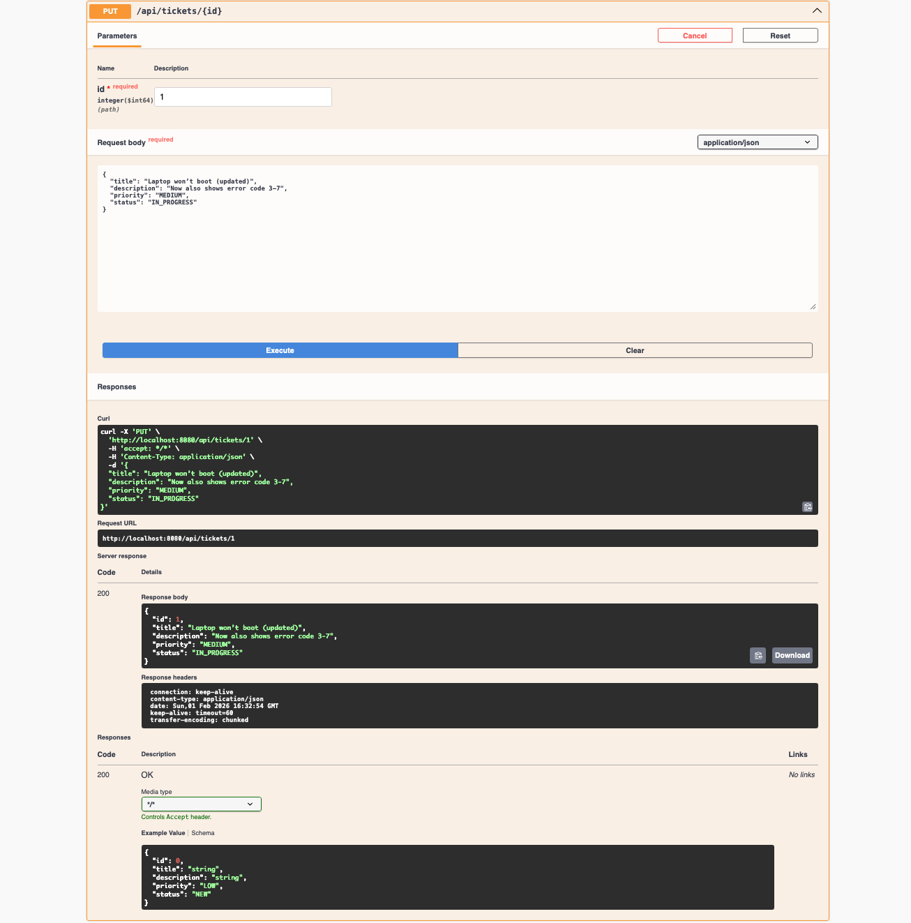 Stage 2 — PUT or PATCH /api/tickets/{id} updates ticket fields with JSON response
