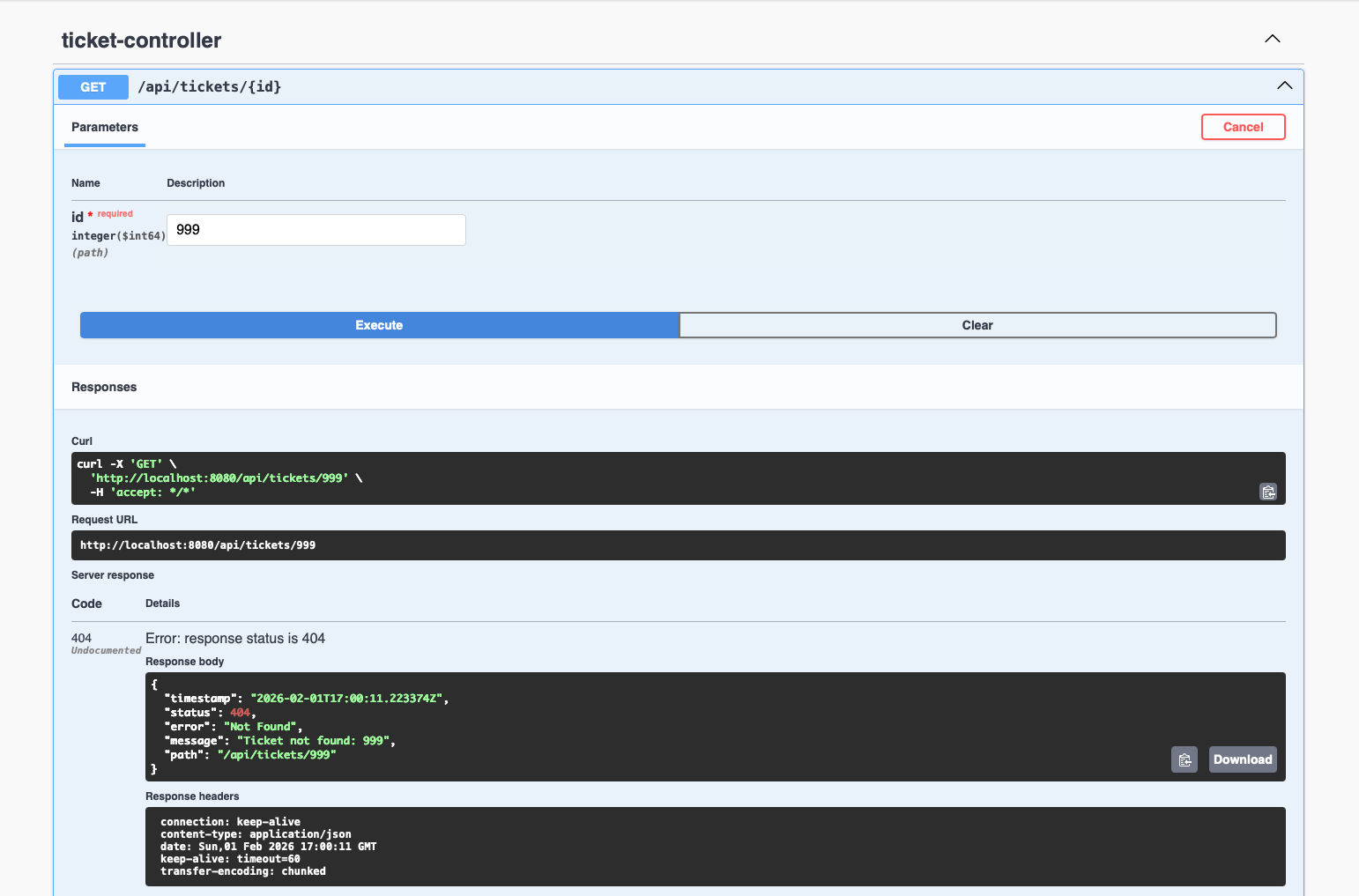 Stage 2 — GET /api/tickets/9999 returns 404 with ApiError JSON from GlobalExceptionHandler
