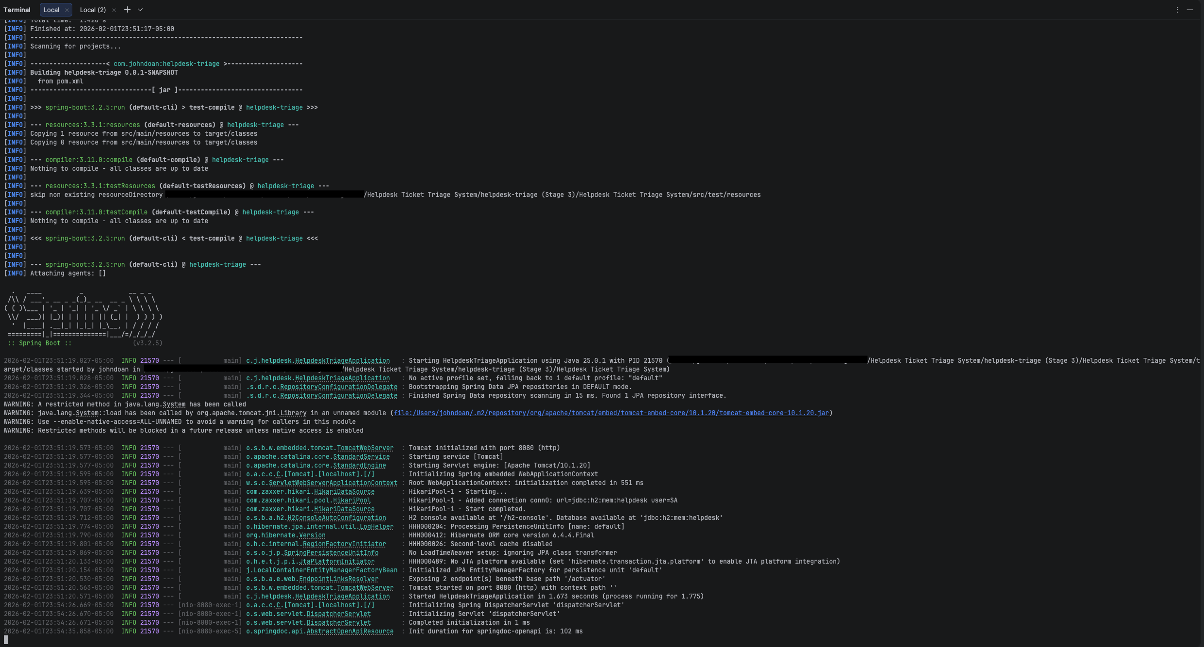 Stage 3 — Spring Boot + JPA app starts successfully (mvn spring-boot:run) on port 8080 with H2 configured
