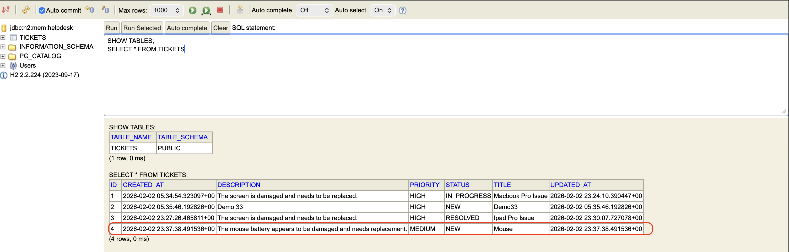 Stage 3 — H2 Console shows the tickets table with the newly created ticket row persisted
