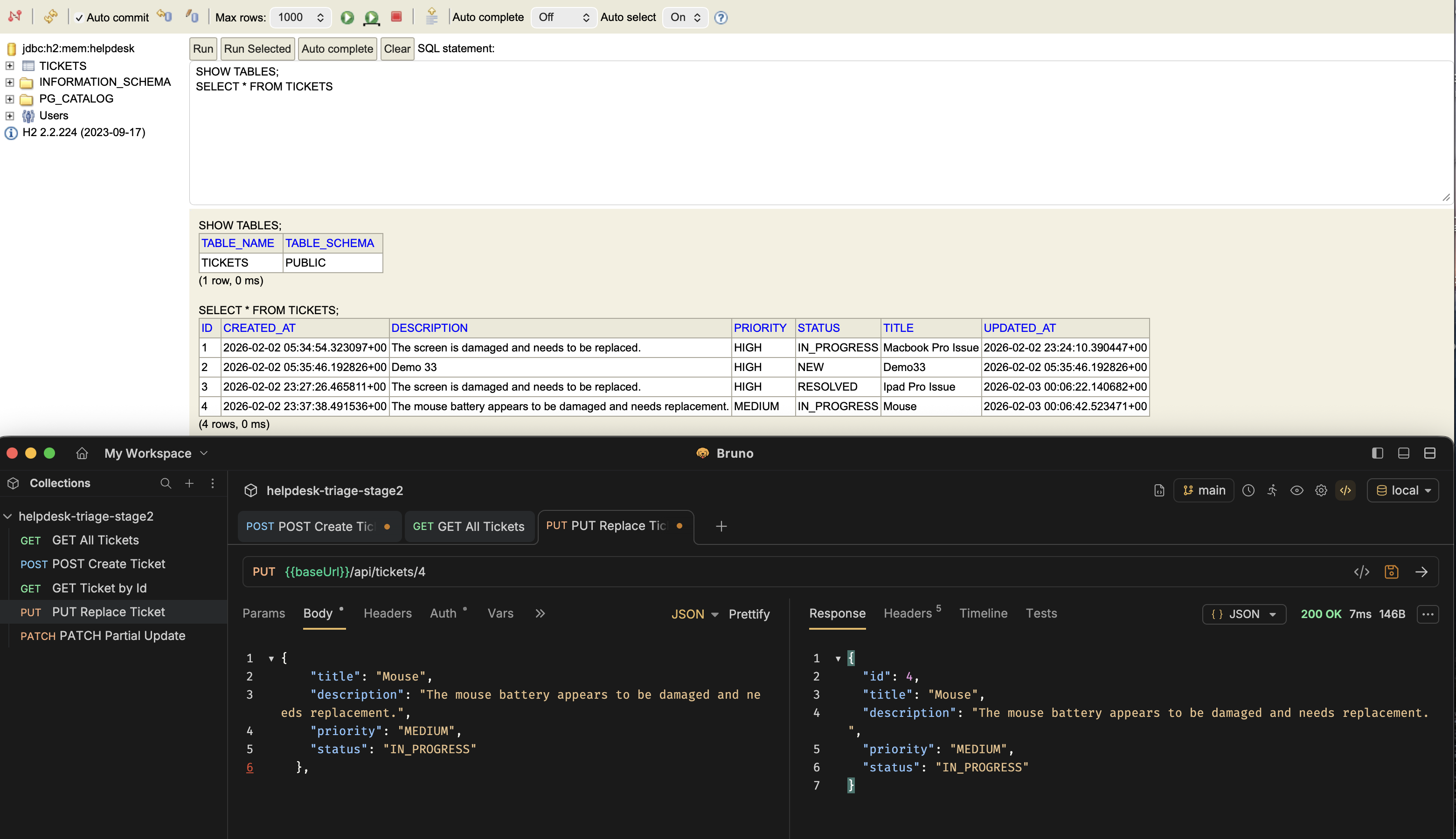 Stage 3 — Update ticket via PUT/PATCH and confirm the updated fields persist in H2