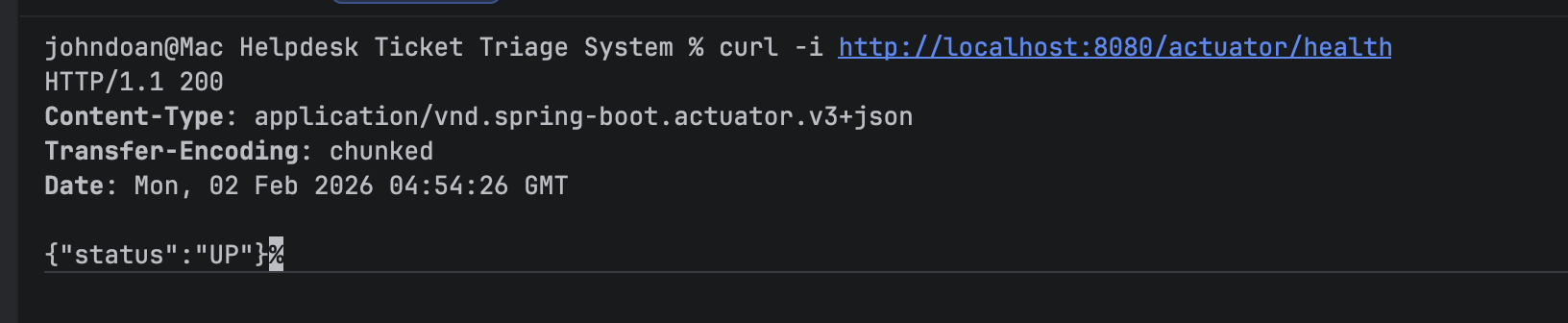 Stage 3 — Actuator health endpoint: GET /actuator/health returns status UP