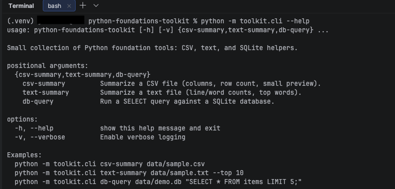 CLI help output showing available toolkit subcommands and options