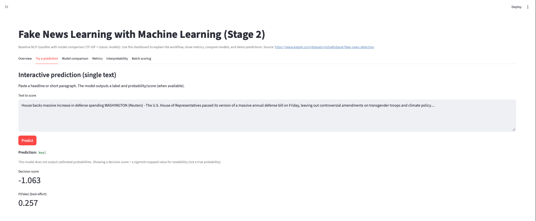 Fake News Stage 2 — Interactive prediction