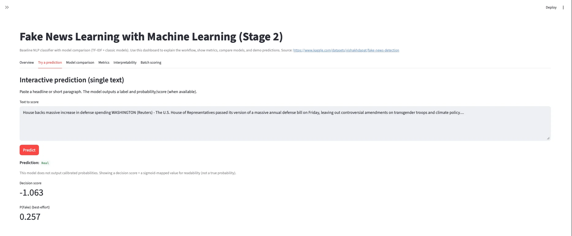 Fake News Stage 2 — Interactive prediction