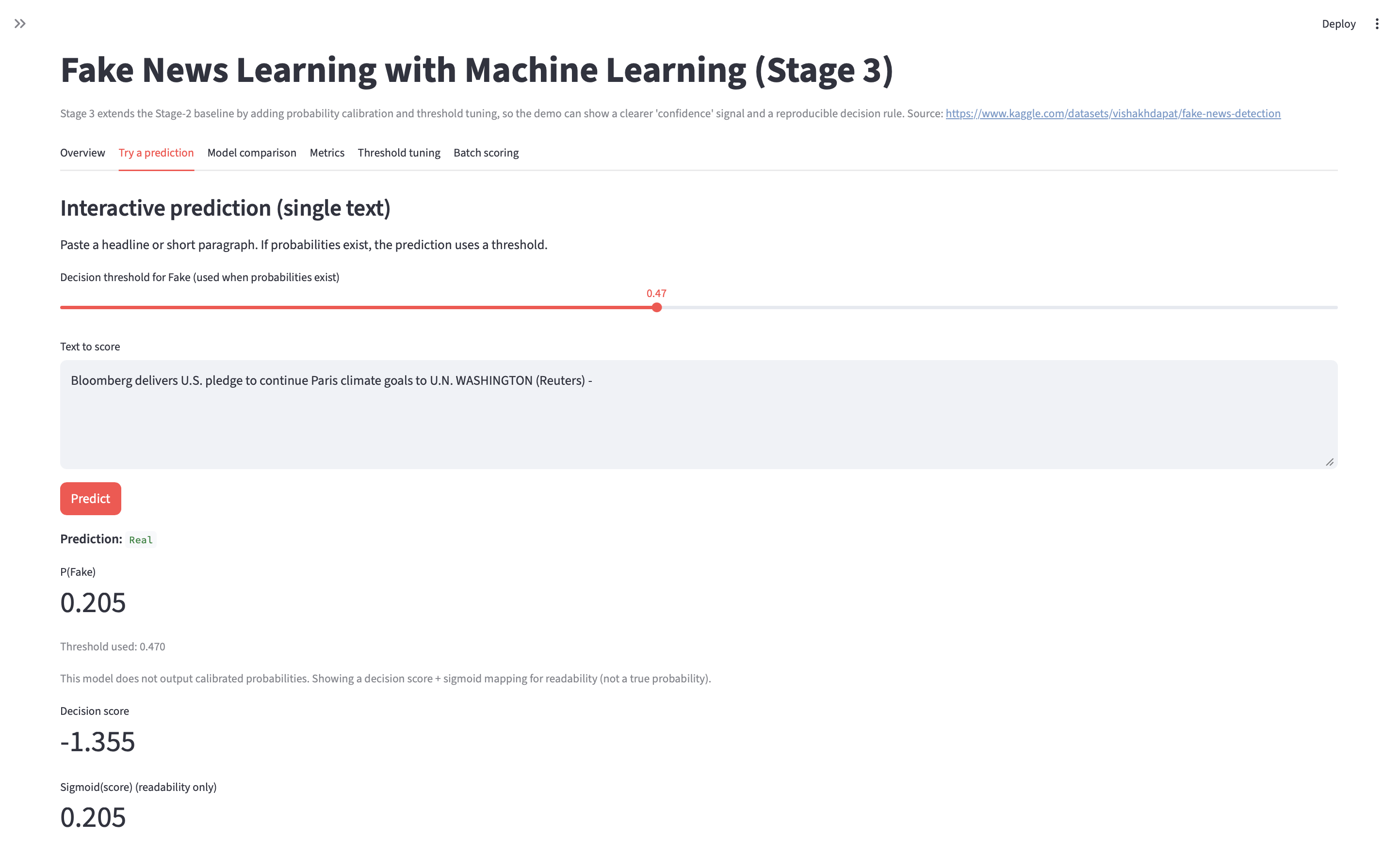 Fake News Stage 3 — Interactive prediction with threshold