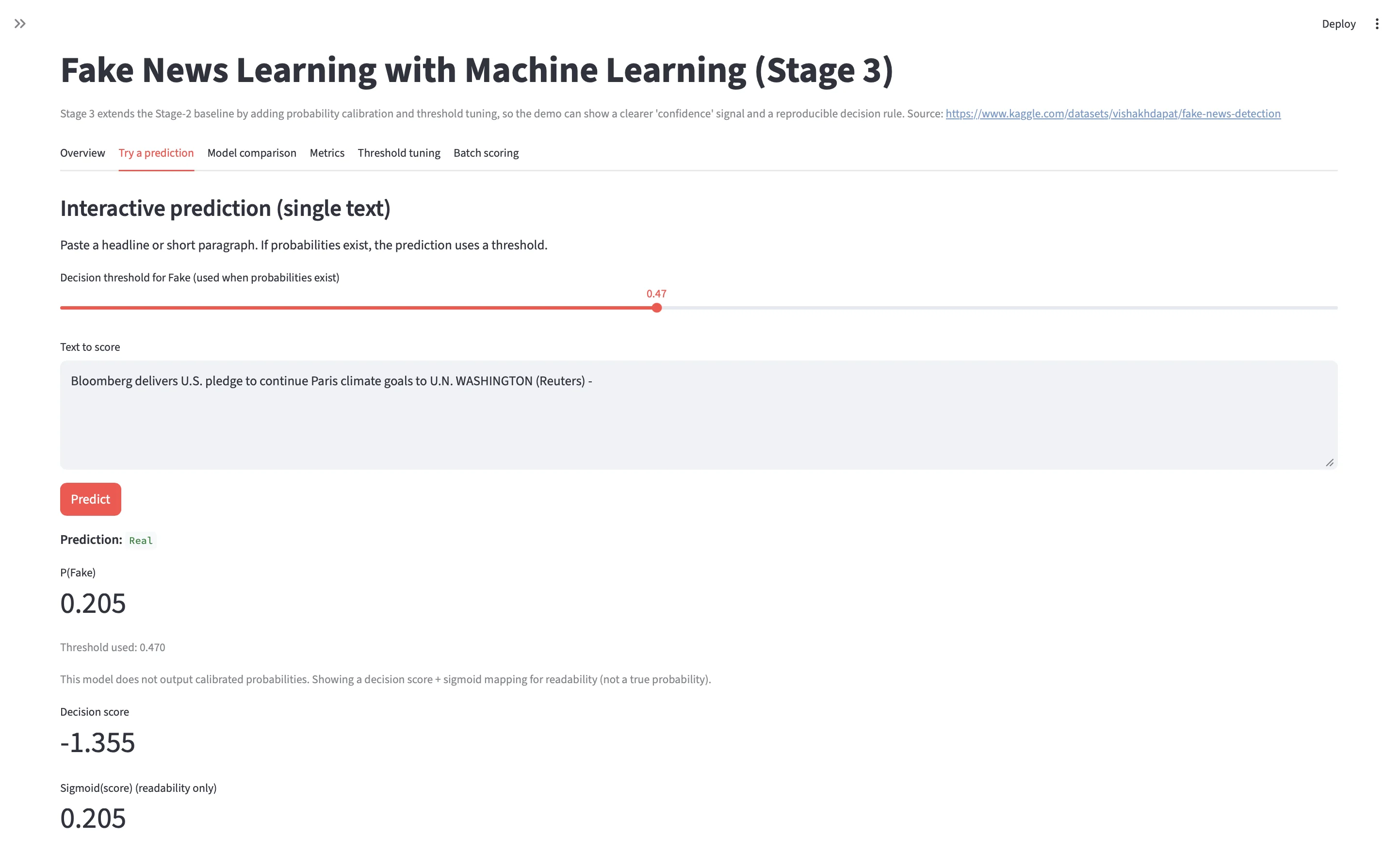 Fake News Stage 3 — Interactive prediction with threshold