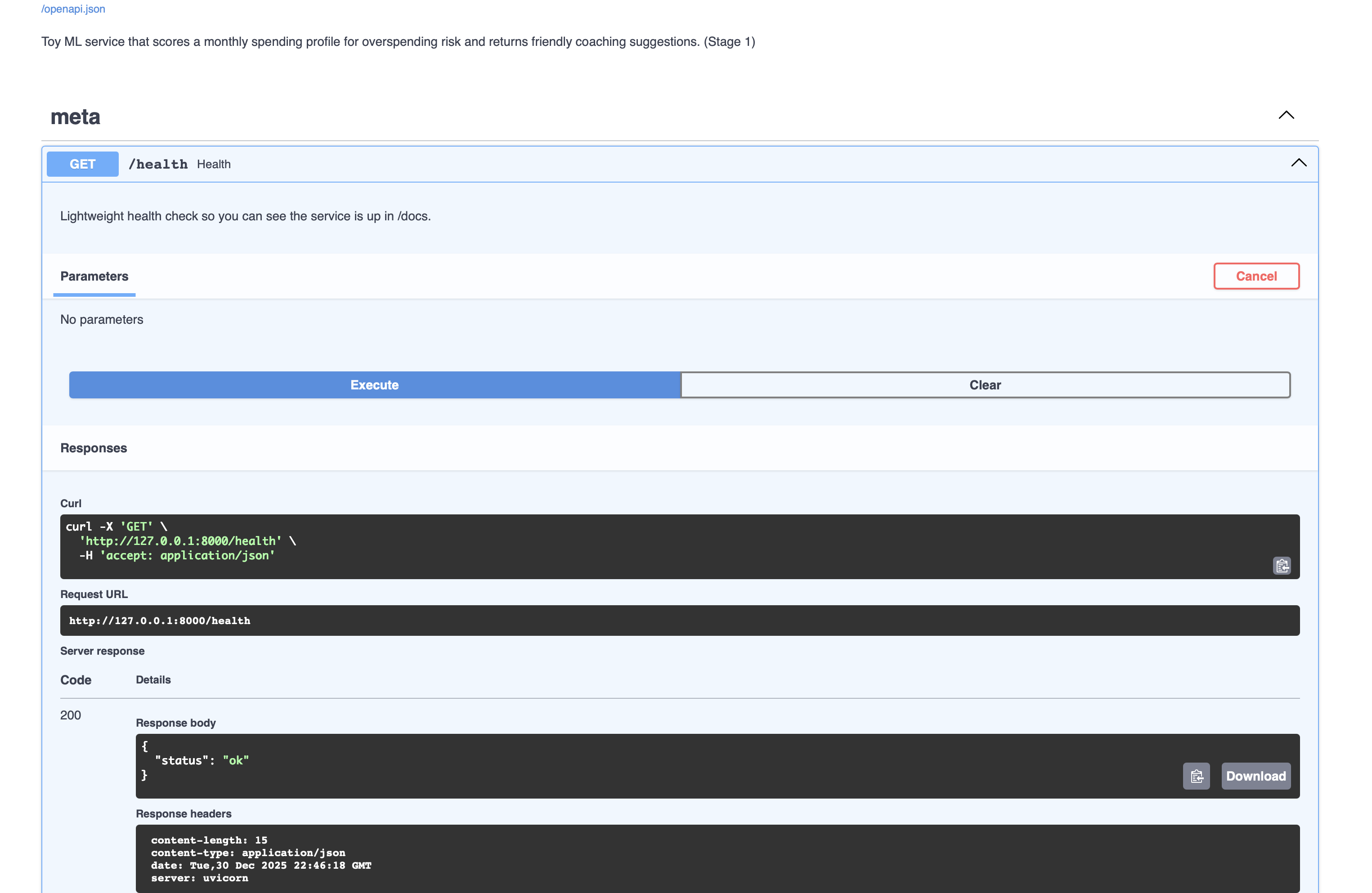 Finance Spending Coach — Stage 1 health check