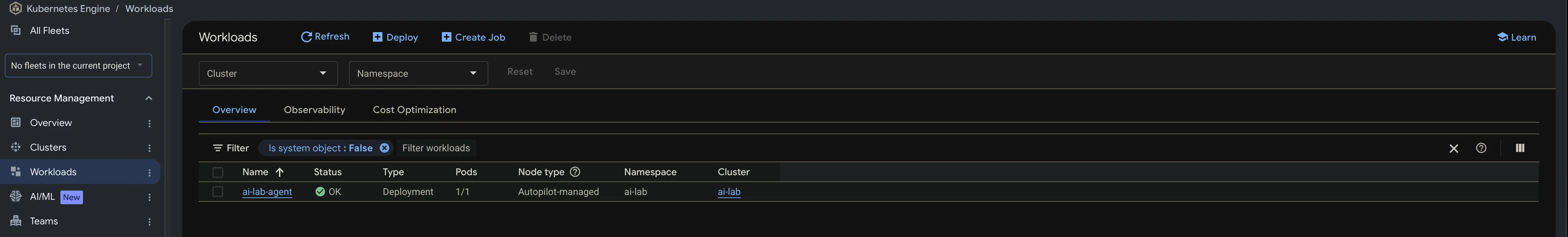 GKE Workloads showing the ai-lab-agent deployment running 1 of 1 pods on Autopilot