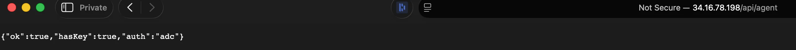 Browser at the load balancer IP returning ok true, hasKey true, auth adc