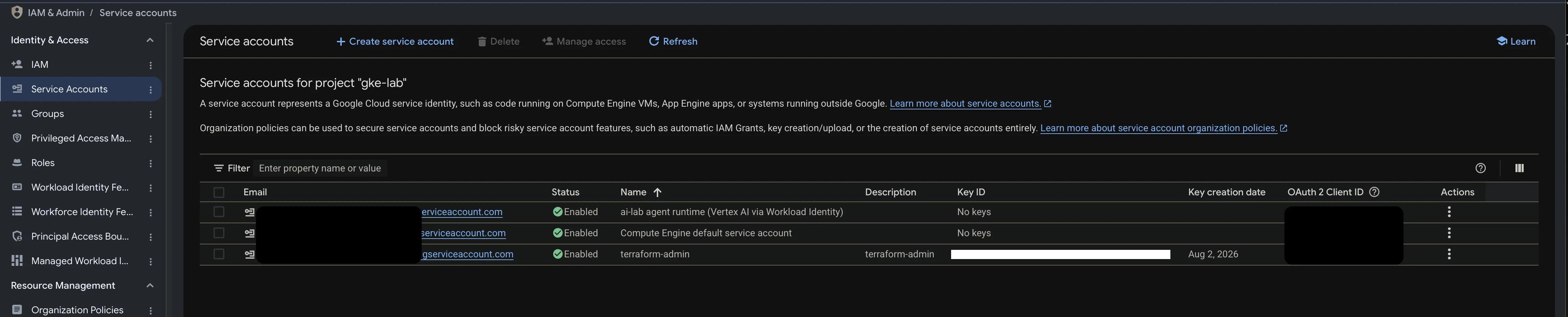 IAM service accounts list showing ai-lab agent runtime with No keys