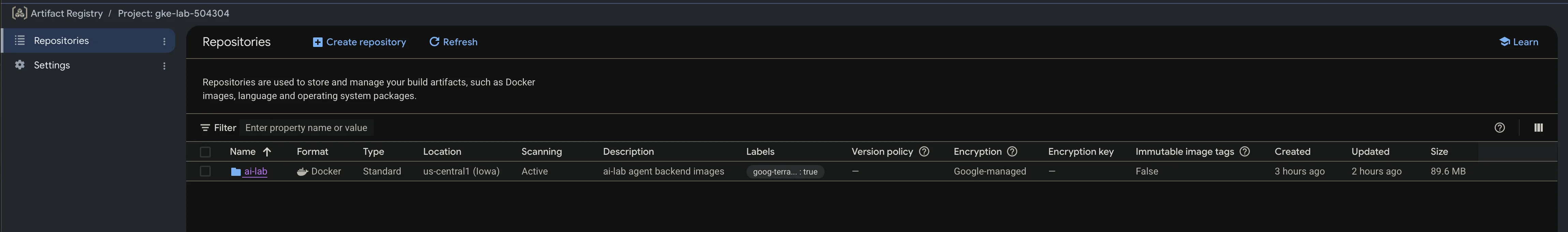 Artifact Registry showing the ai-lab repository with the agent image