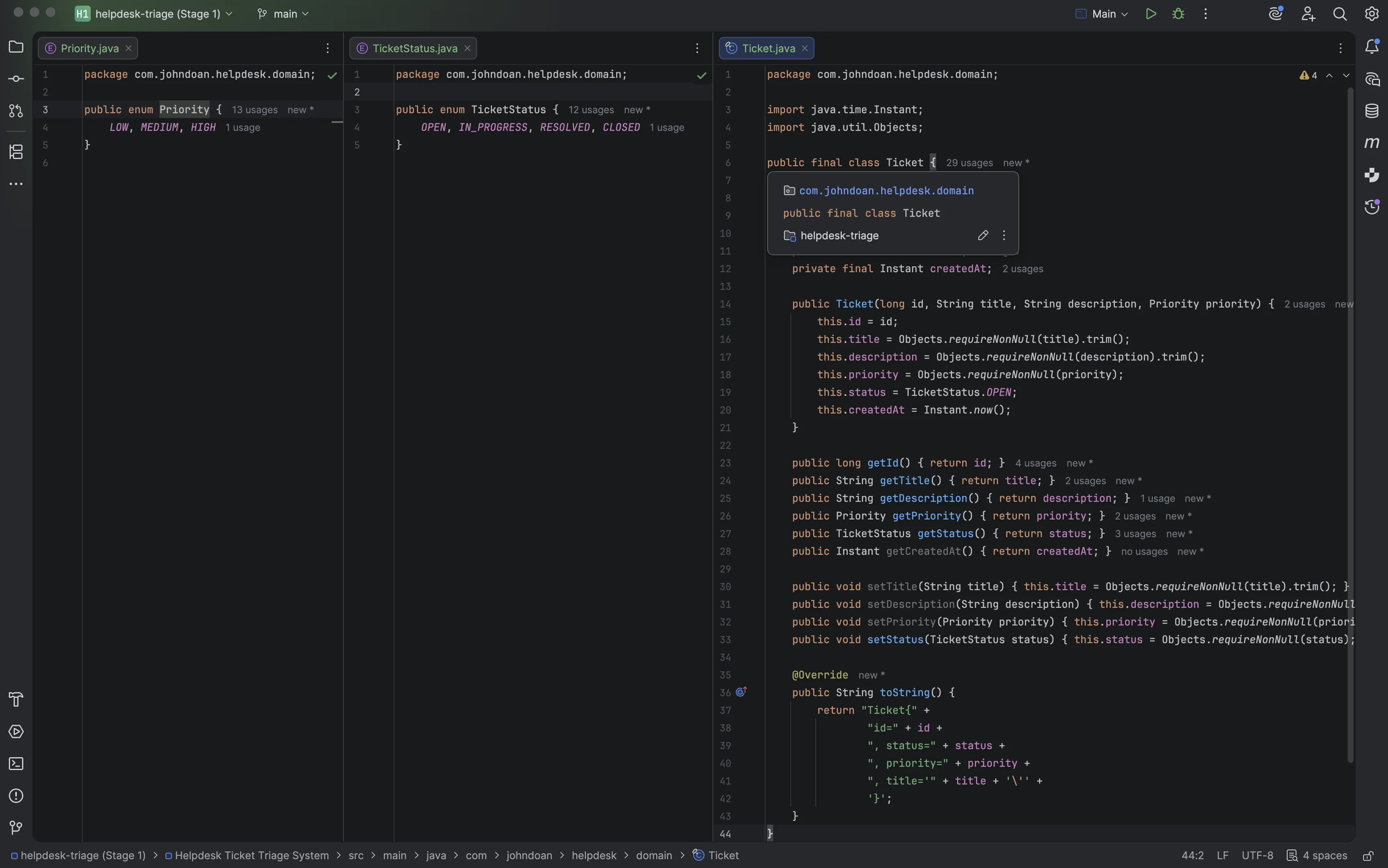 Stage 1 — domain model (Ticket and enums)