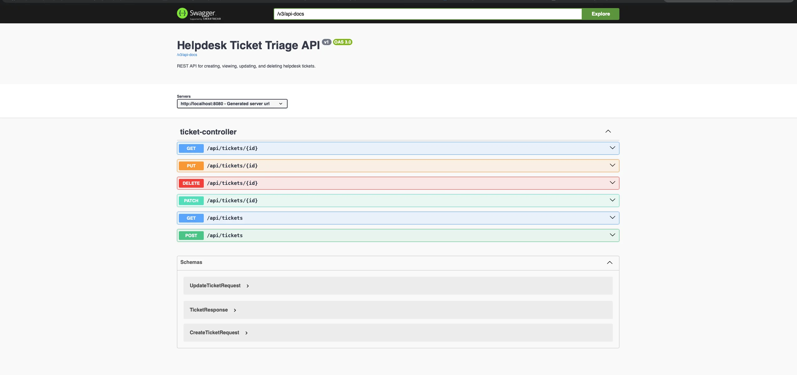 Stage 2 — Swagger UI showing Ticket CRUD endpoints under /api/tickets