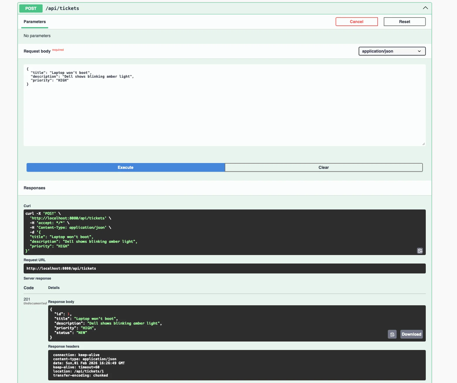Stage 2 — POST /api/tickets creates a ticket with JSON response body