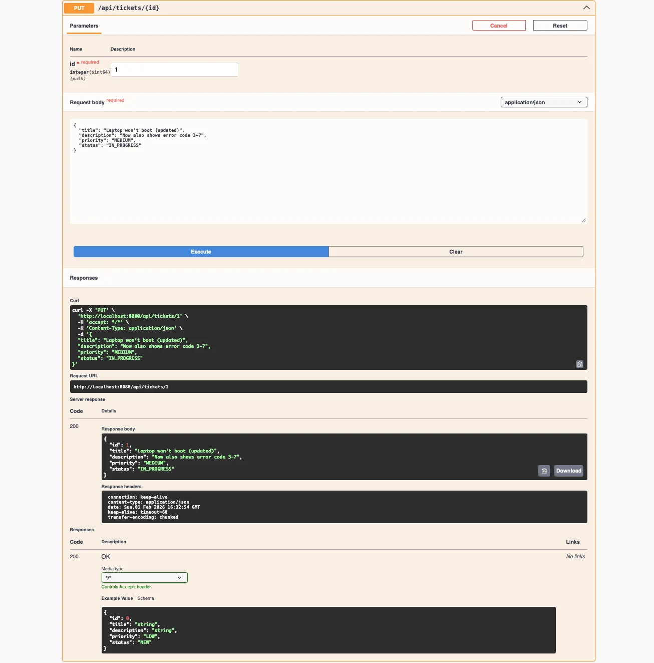 Stage 2 — PUT or PATCH /api/tickets/{id} updates ticket fields with JSON response