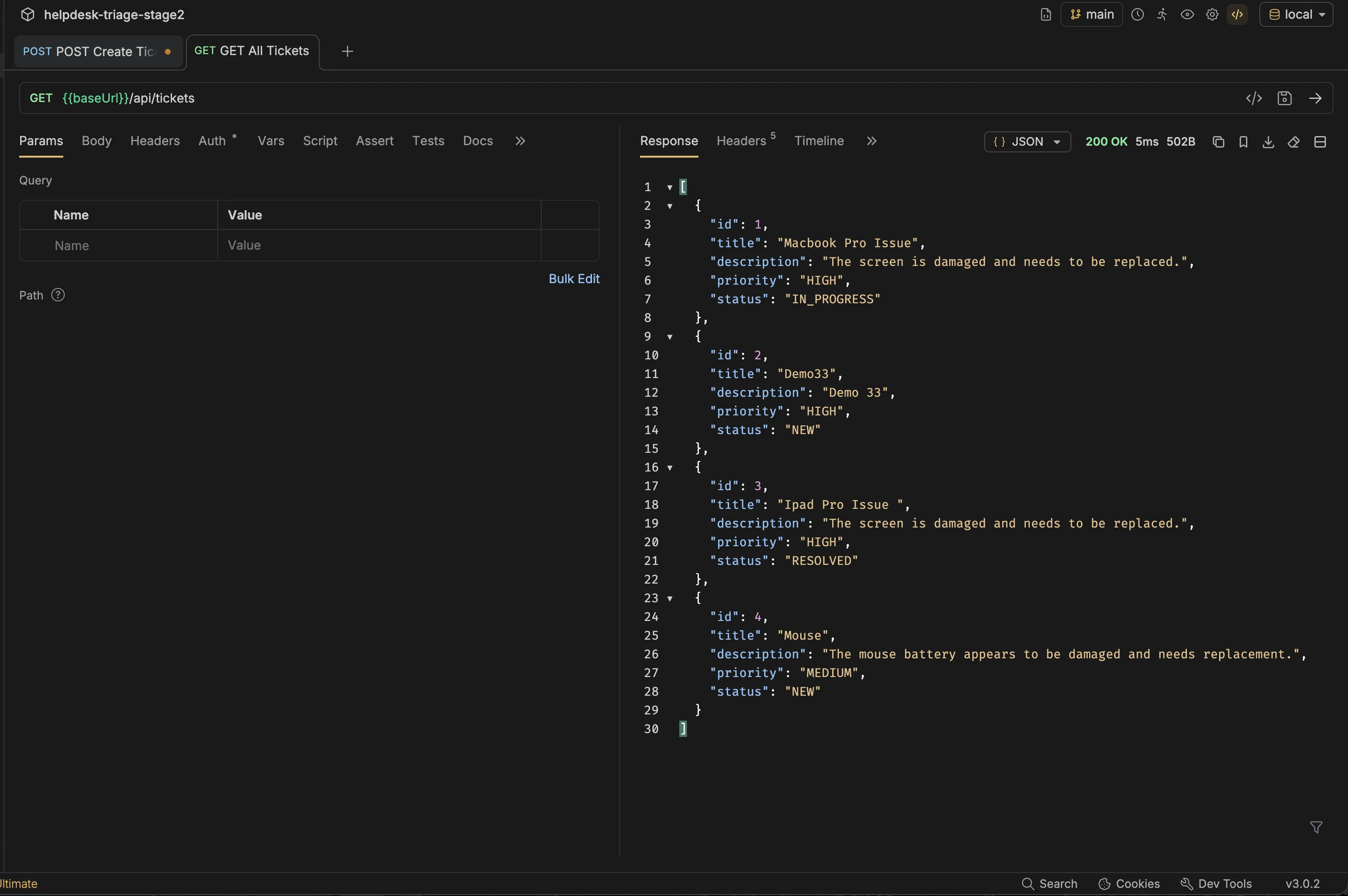 Stage 3 — GET /api/tickets returns the list including the newly created ticket persisted in H2