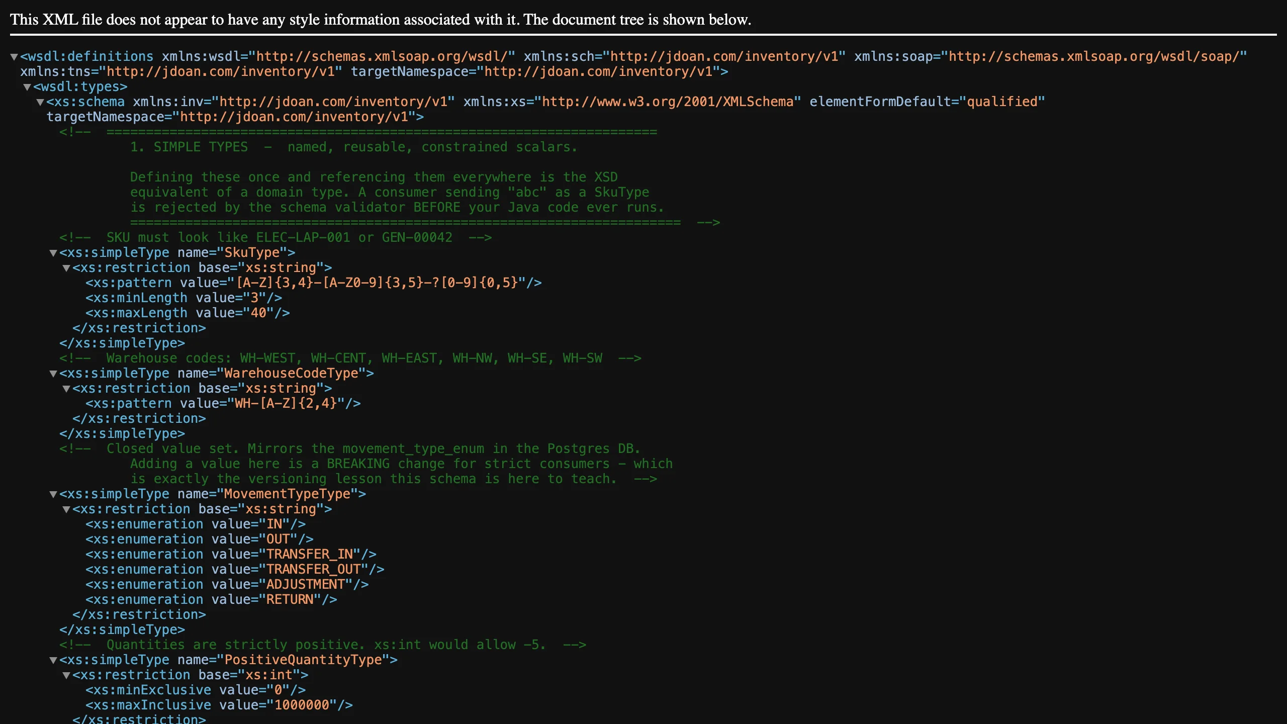 Browser showing the generated WSDL document served from localhost port 8081