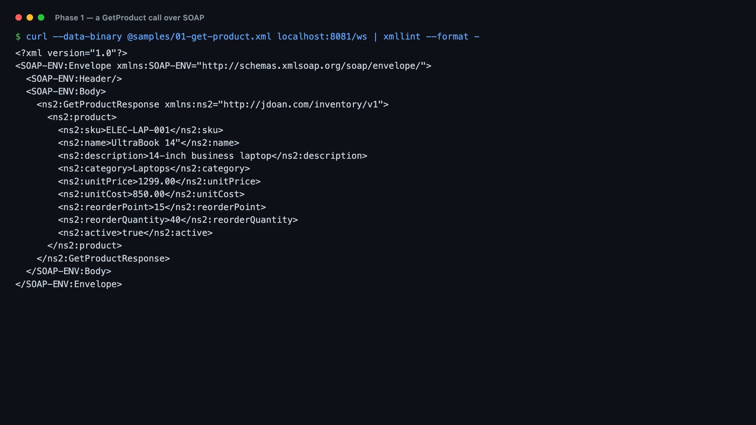 Terminal showing a SOAP GetProduct request posted with curl and the formatted XML response