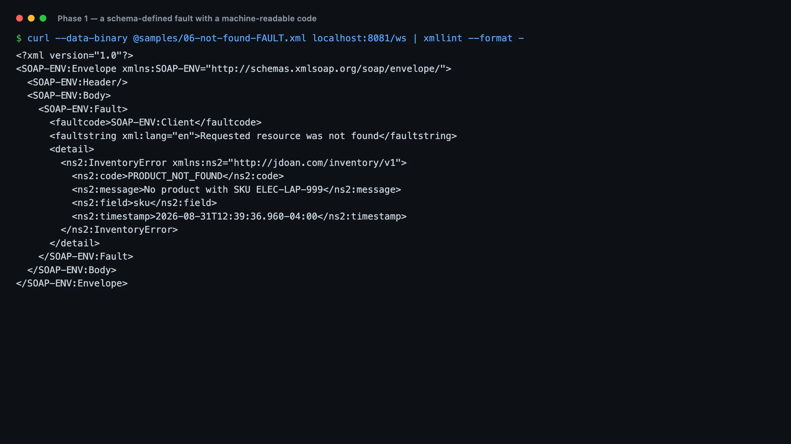 Terminal showing a SOAP fault whose detail element carries a structured InventoryError with a product not found code