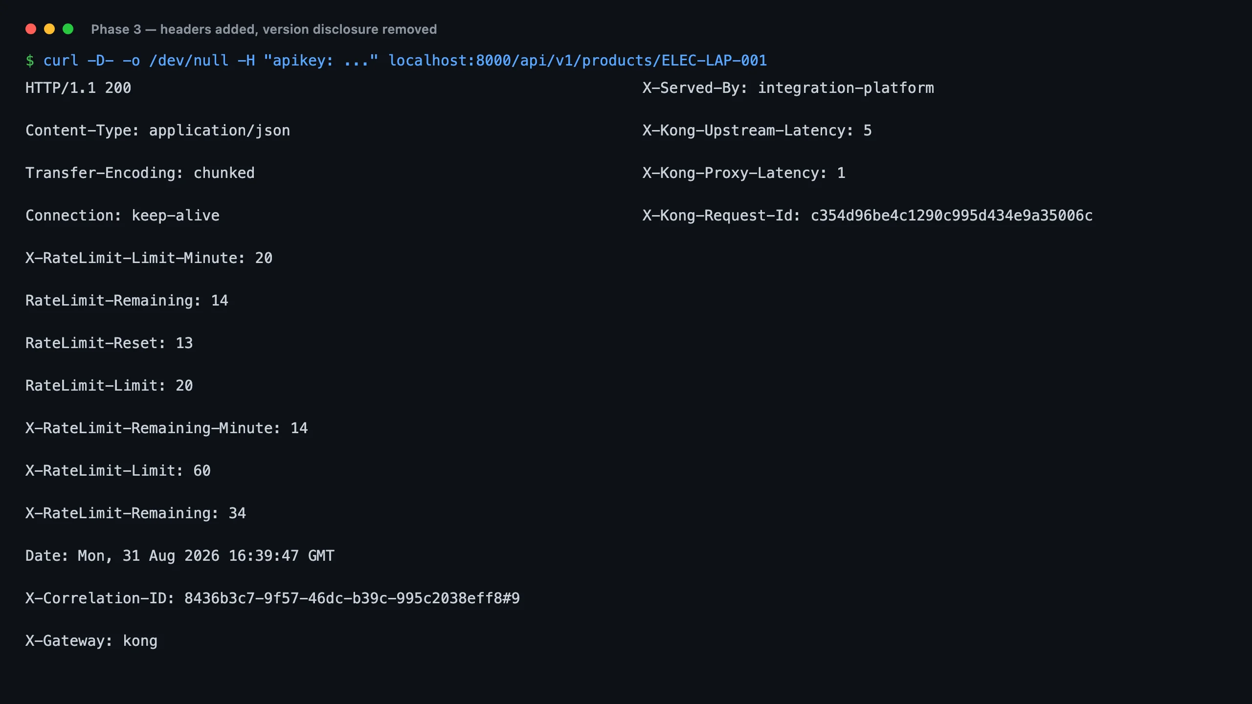 Terminal listing response headers from a proxied request, including correlation ID, gateway and rate limit headers