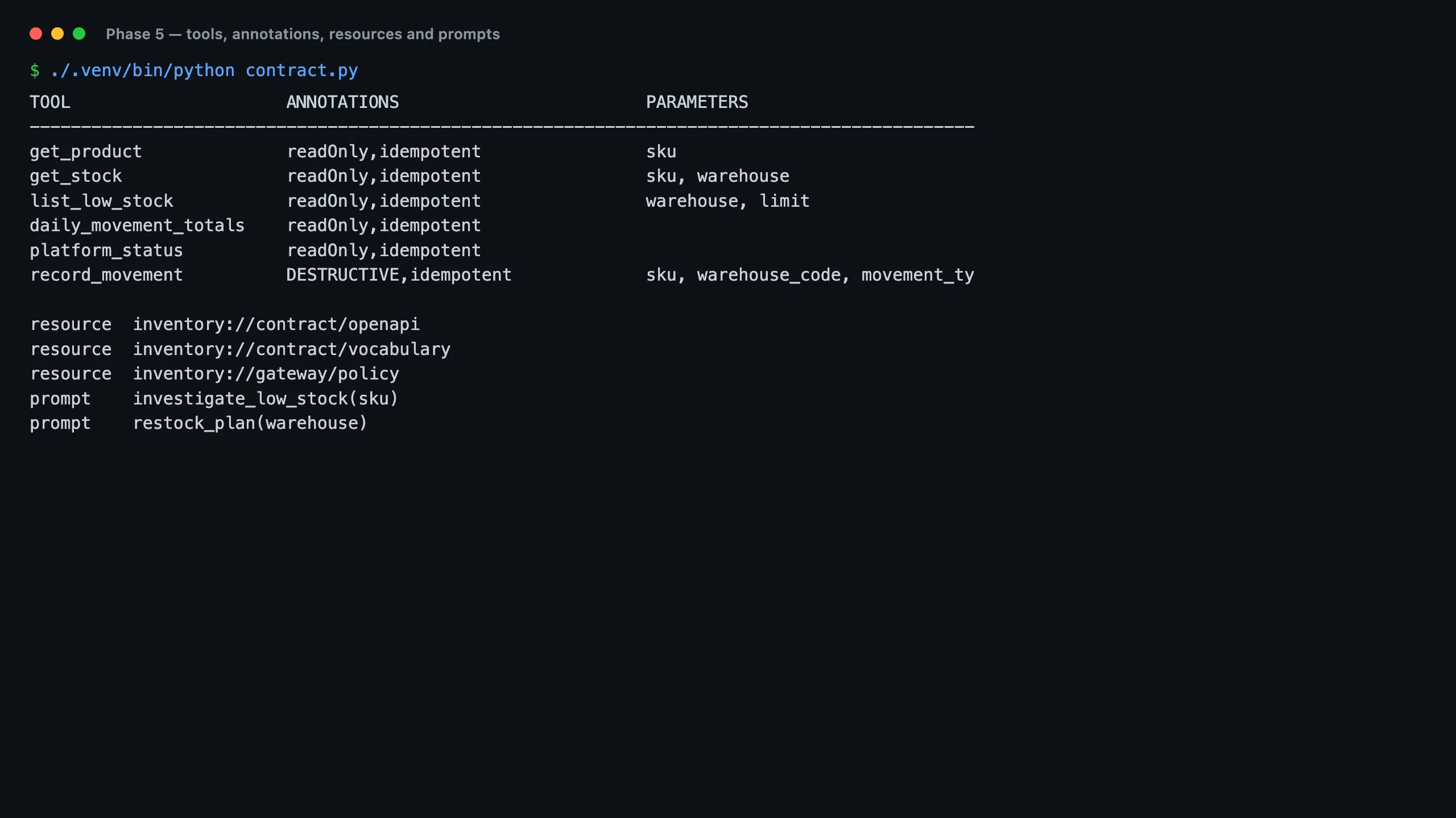 Terminal table listing six MCP tools with their annotations and parameters, followed by three resources and two prompts