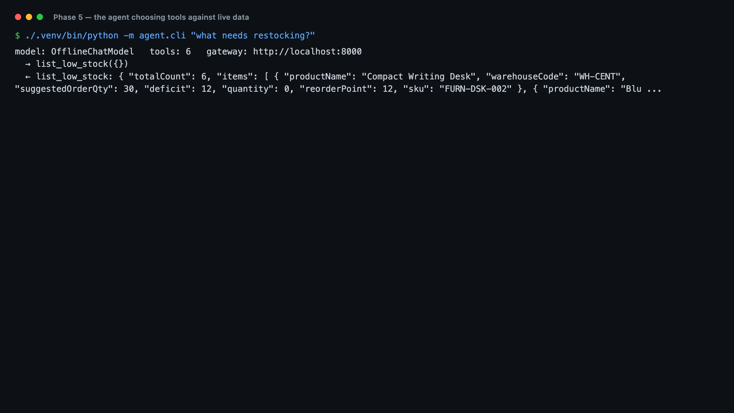 Terminal showing an agent run calling the low stock tool and printing the returned JSON rows
