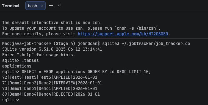 Stage 4 — SQLite DB verified
