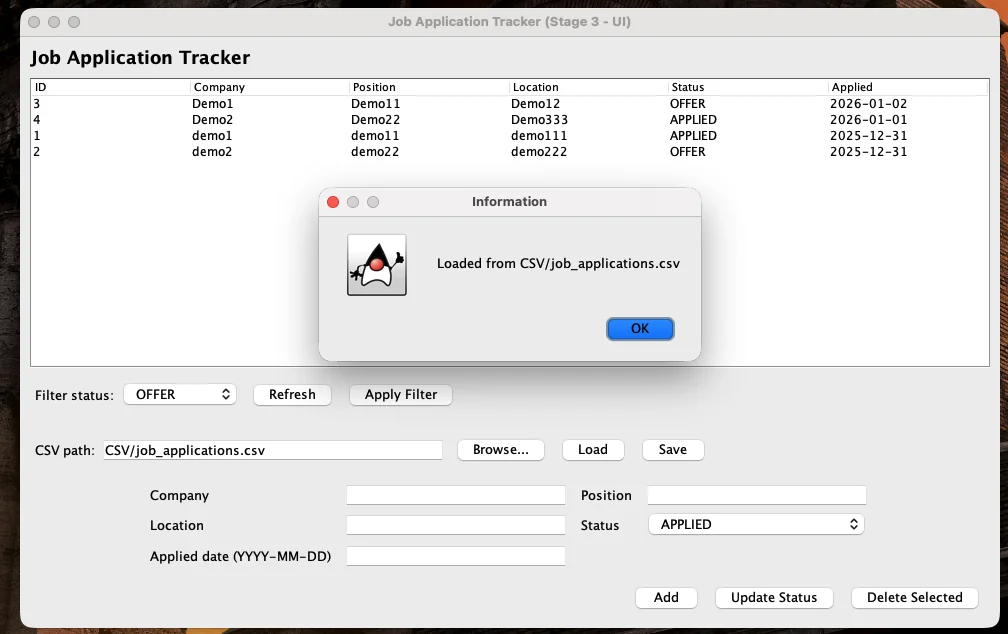 Stage 3 — CSV path and load/save