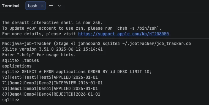 Stage 4 — SQLite DB verified