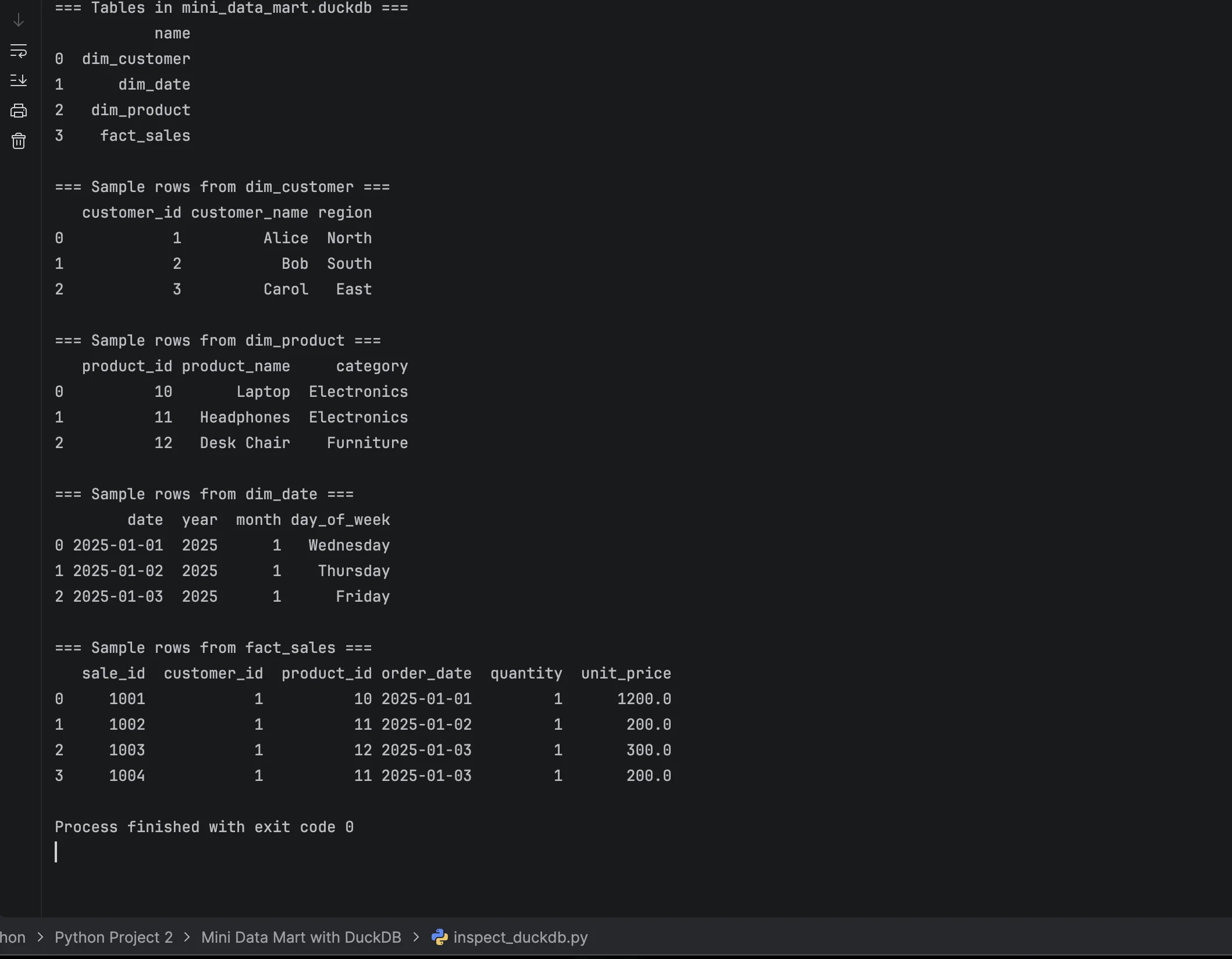Stage 1 — dim and fact tables created in DuckDB