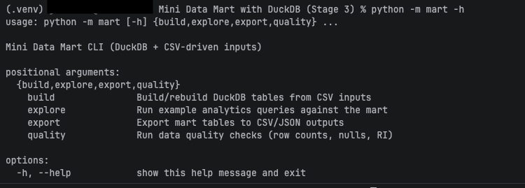 Stage 3 — CLI commands overview (build, explore, quality, export)