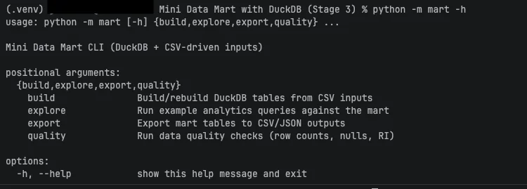 Stage 3 — CLI commands overview (build, explore, quality, export)