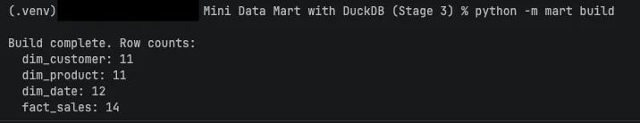 Stage 3 — build command output with row counts per table