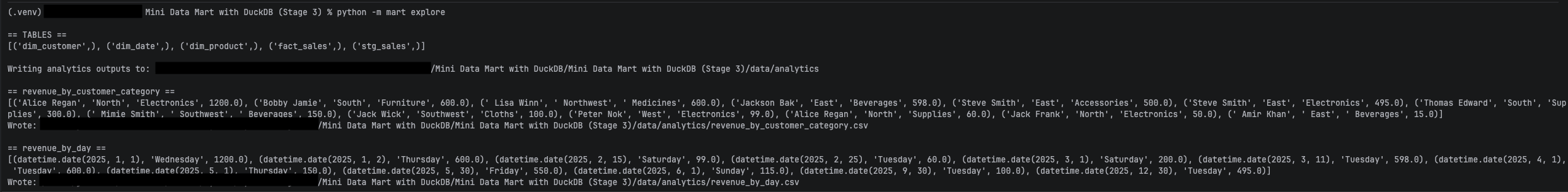 Stage 3 — explore command output (analytics queries)