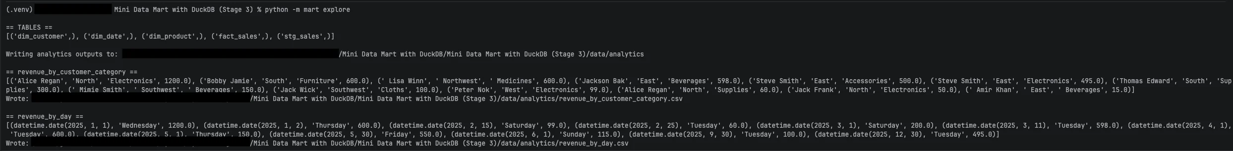 Stage 3 — explore command output (analytics queries)