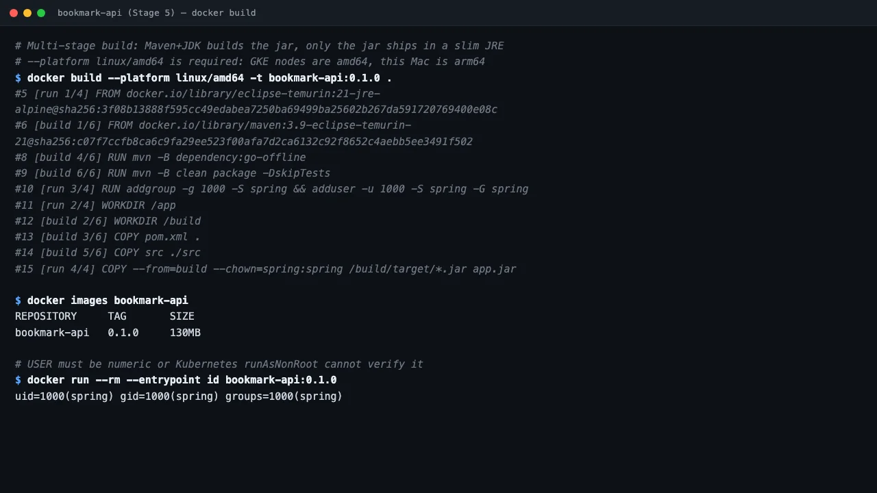 Stage 5 — multi-stage Docker build producing a 130 MB image