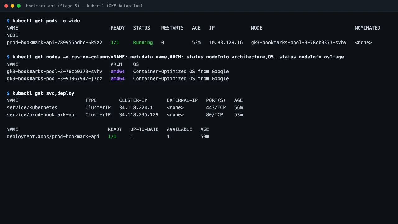 Stage 5 — pod running on a GKE Autopilot node