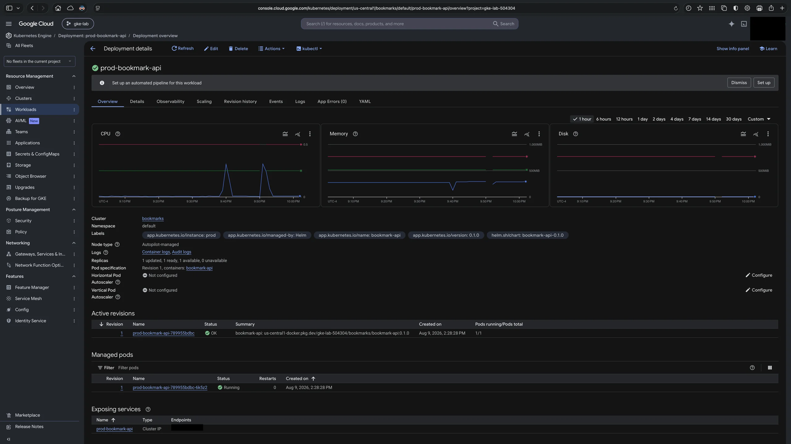 Stage 5 — the workload in the Google Cloud console