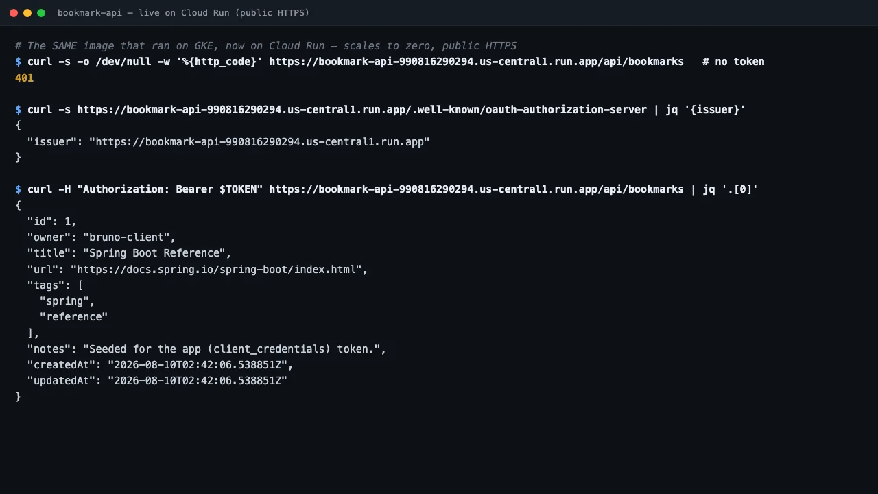 Stage 6 — OAuth2 discovery and API responses from the public Cloud Run service