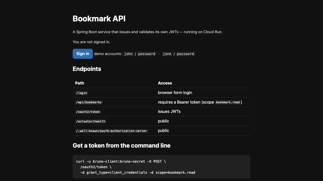 Stage 6 — the public landing page listing the API endpoints