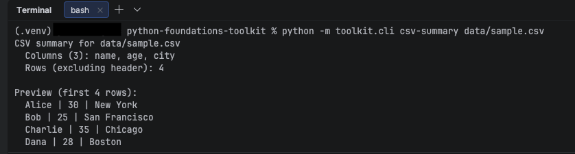 CLI run example showing commands executed against sample CSV/text/SQLite inputs