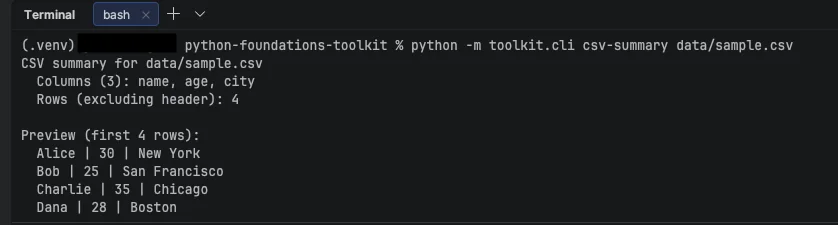 CLI run example showing commands executed against sample CSV/text/SQLite inputs